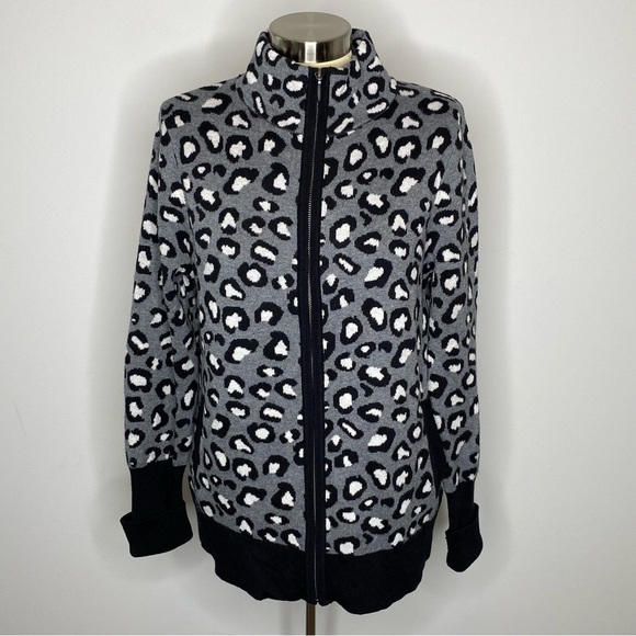 Rachel Zoe Grey and Black Leopard Full Zip Front Sweater Cardigan - Picture 3 of 11